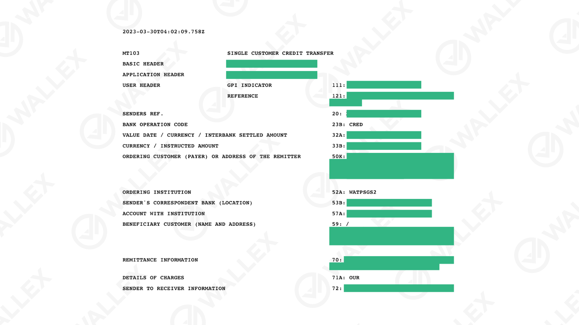 Example of the MT103 document on Wallex | Wallex